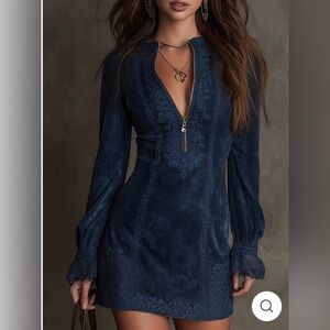 Vintage-Inspired Blue Suede Mini Dress with Lace Trim